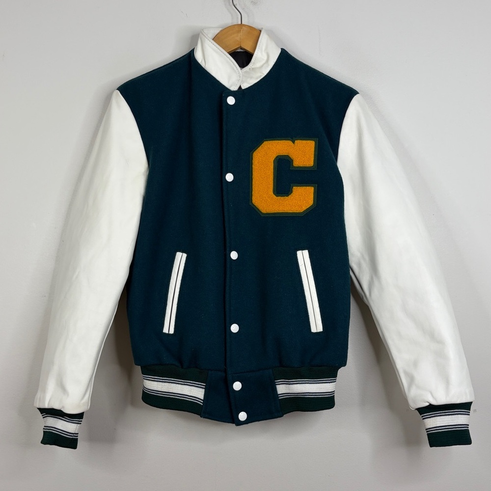 Vintage Varsity Jacket Mens Small Dark Green Wool White Leather Letterman Bomber